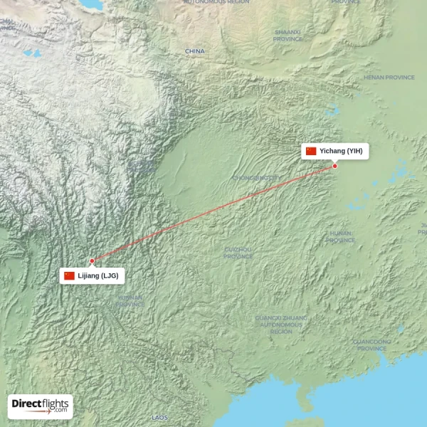 Yichang - Lijiang direct flight map