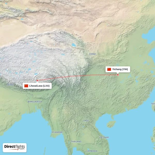 Yichang - Lhasa/Lasa direct flight map