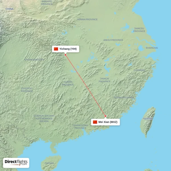 Yichang - Mei Xian direct flight map