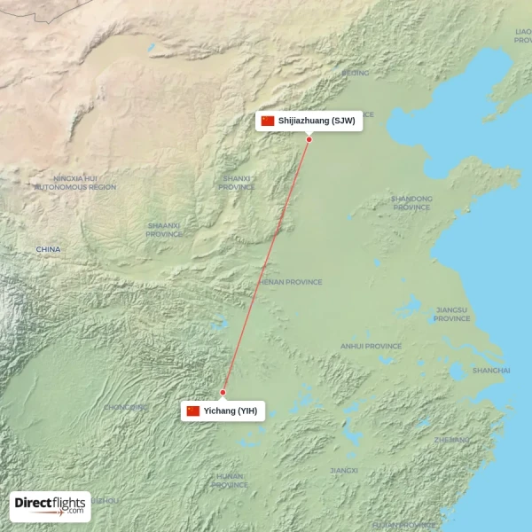 Yichang - Shijiazhuang direct flight map