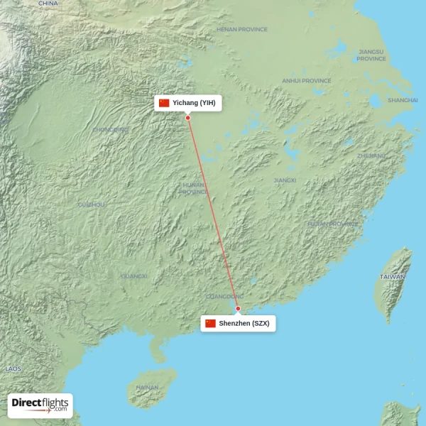 Yichang - Shenzhen direct flight map