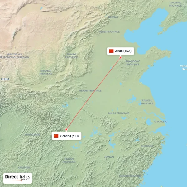 Yichang - Jinan direct flight map