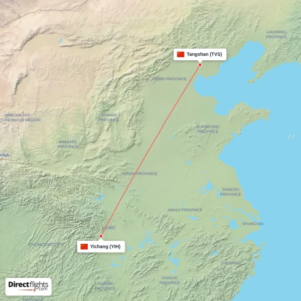 Yichang - Tangshan direct flight map