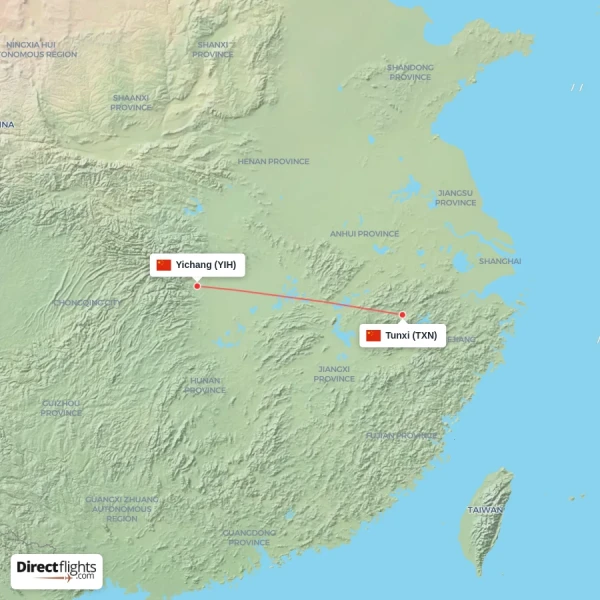 Yichang - Tunxi direct flight map