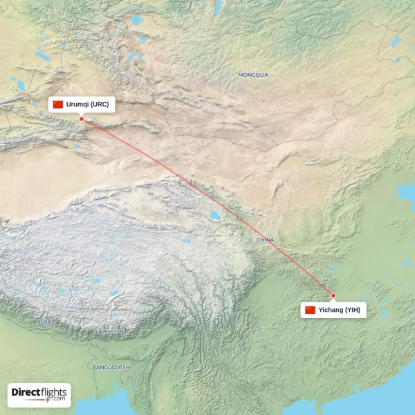 Yichang - Urumqi direct flight map
