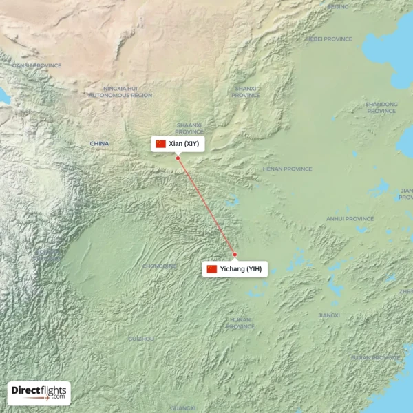 Yichang - Xian direct flight map