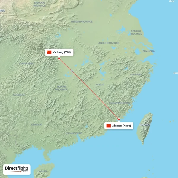 Yichang - Xiamen direct flight map
