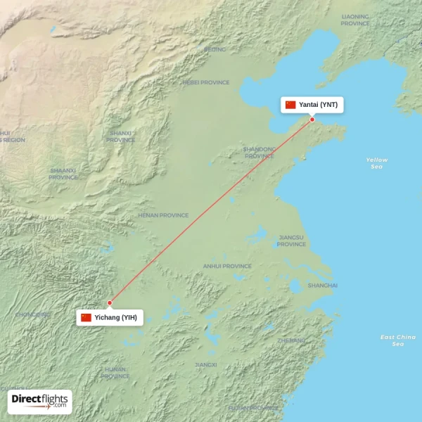 Yichang - Yantai direct flight map