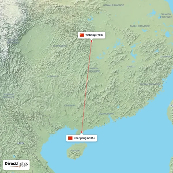 Yichang - Zhanjiang direct flight map