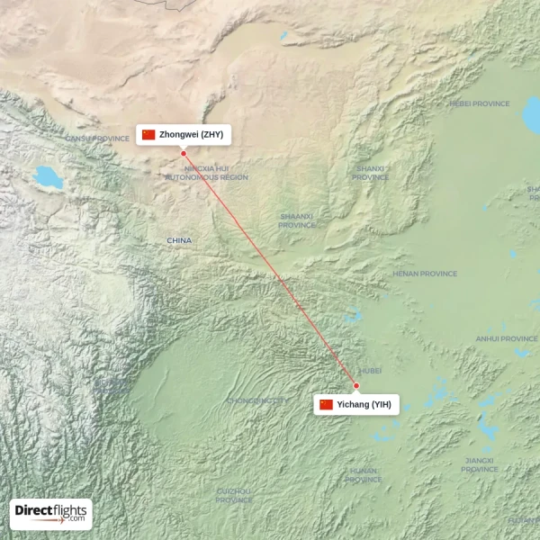 Yichang - Zhongwei direct flight map