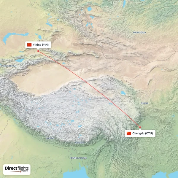 Yining - Chengdu direct flight map