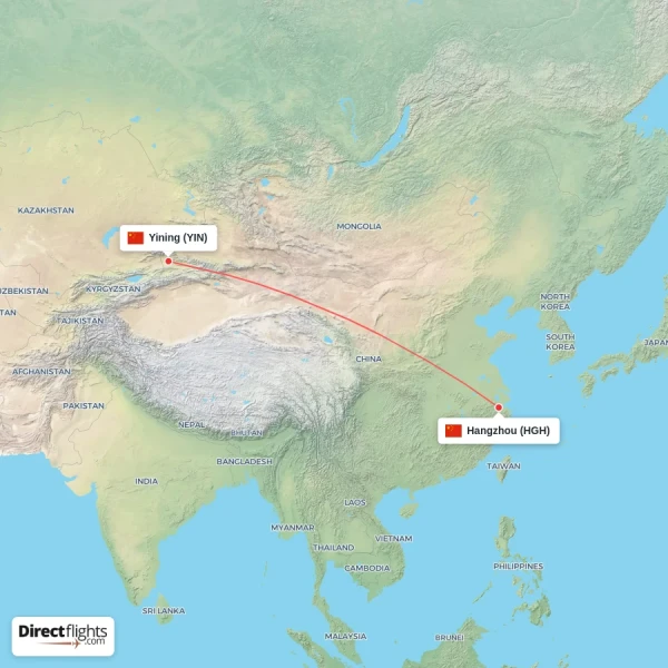 Yining - Hangzhou direct flight map