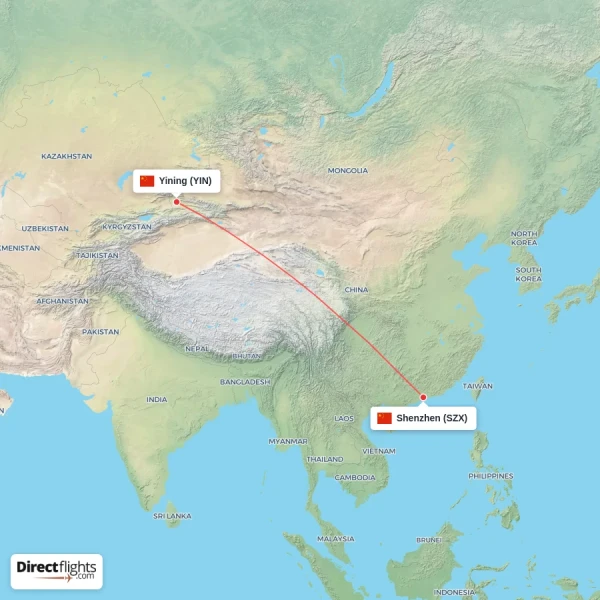 Yining - Shenzhen direct flight map