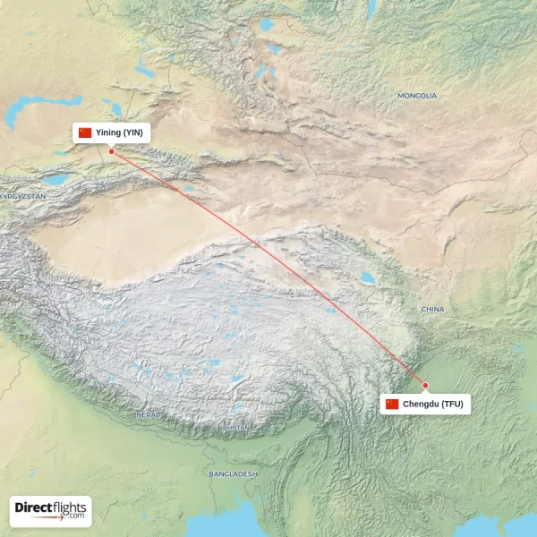 Yining - Chengdu direct flight map