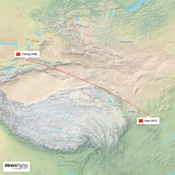 Yining - Xian direct flight map