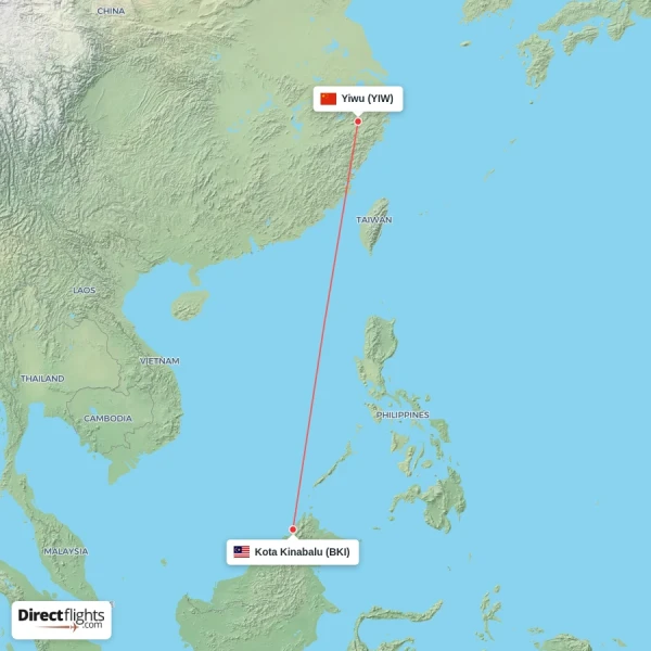 Yiwu - Kota Kinabalu direct flight map