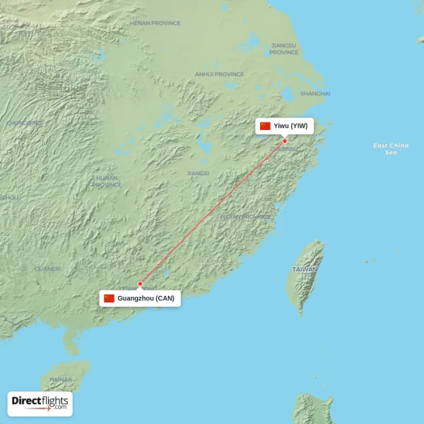 Yiwu - Guangzhou direct flight map