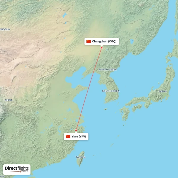 Yiwu - Changchun direct flight map