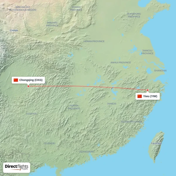 Yiwu - Chongqing direct flight map