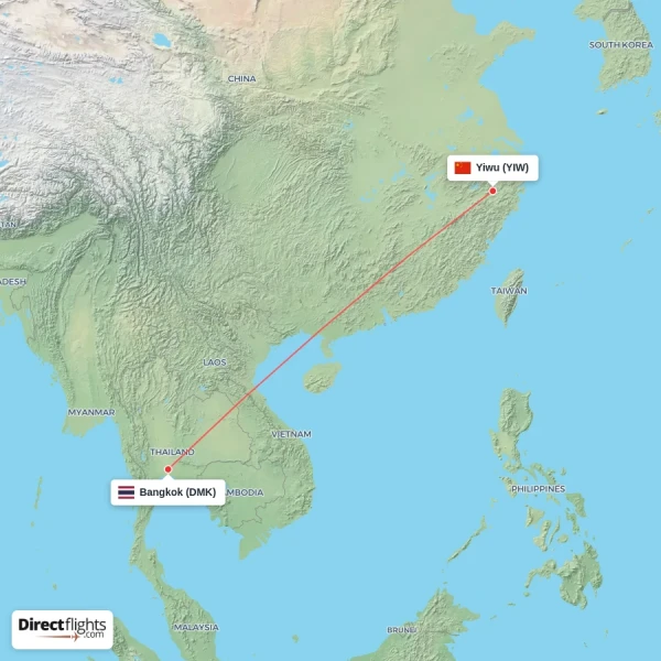 Yiwu - Bangkok direct flight map