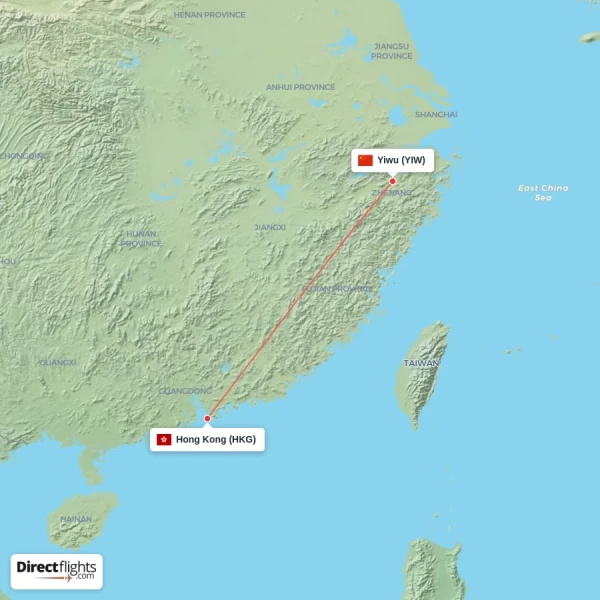 Yiwu - Hong Kong direct flight map