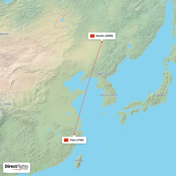 Yiwu - Harbin direct flight map