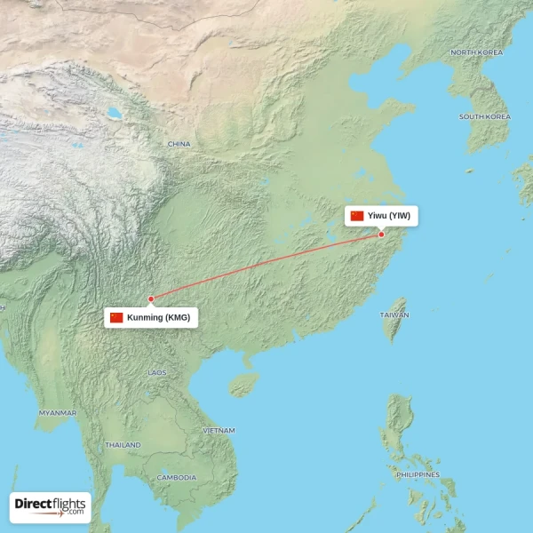 Yiwu - Kunming direct flight map