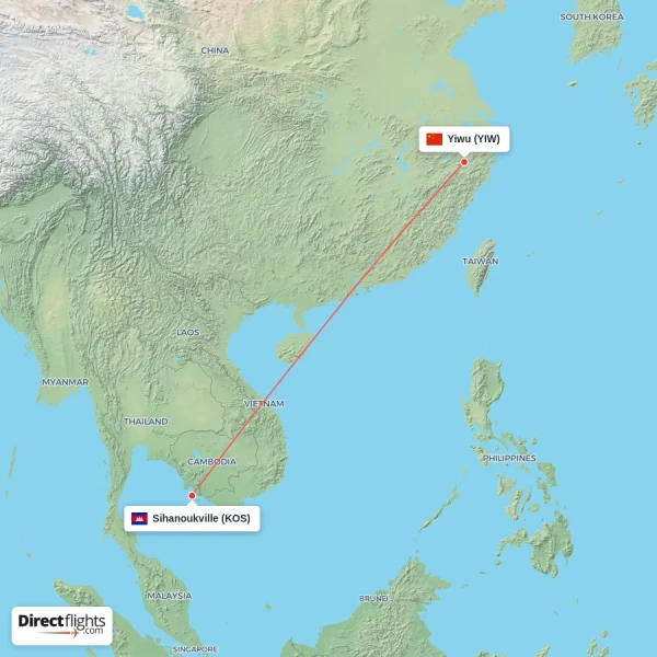 Yiwu - Sihanoukville direct flight map