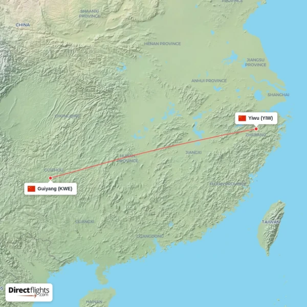 Yiwu - Guiyang direct flight map