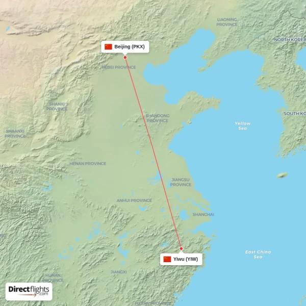 Yiwu - Beijing direct flight map