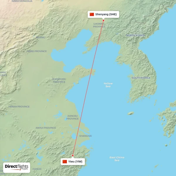Yiwu - Shenyang direct flight map