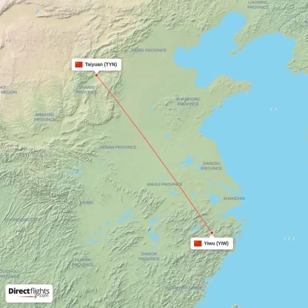 Yiwu - Taiyuan direct flight map