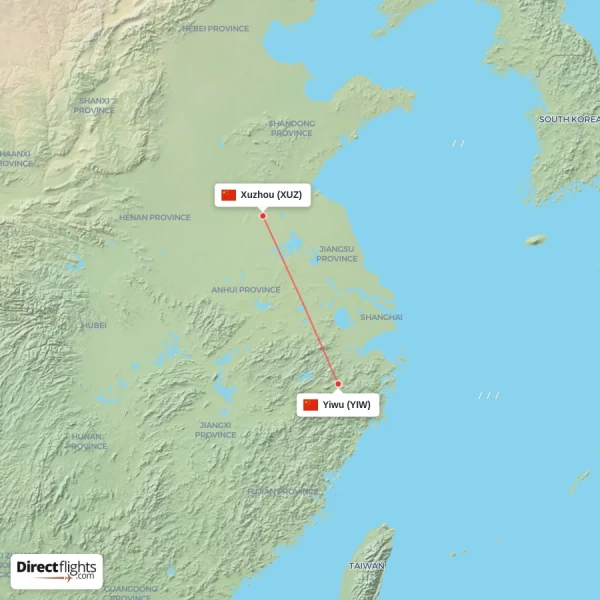 Yiwu - Xuzhou direct flight map
