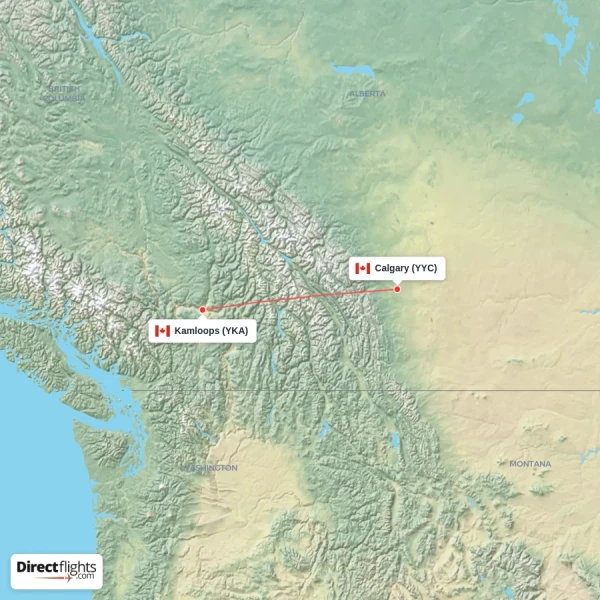 Kamloops - Calgary direct flight map