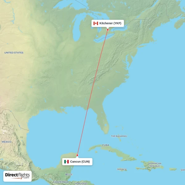 Kitchener - Cancun direct flight map