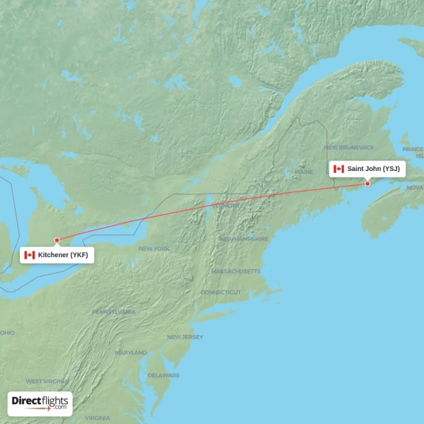 Kitchener - Saint John direct flight map