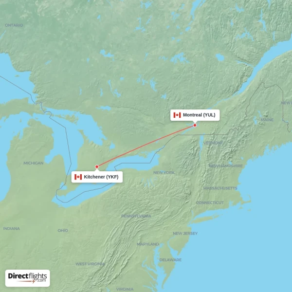 Kitchener - Montreal direct flight map