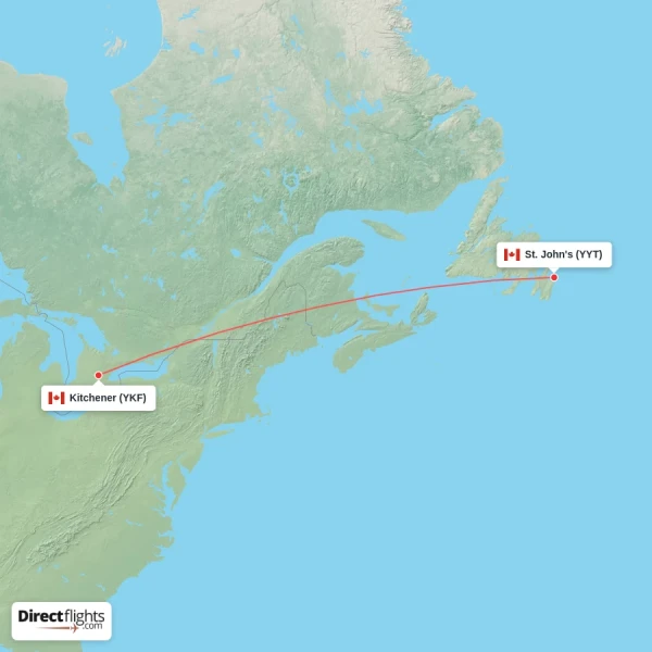 Kitchener - St. John's direct flight map