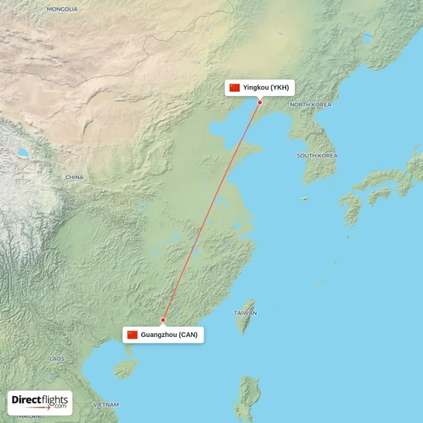 Yingkou - Guangzhou direct flight map