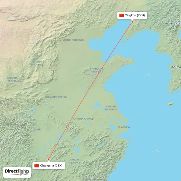 Yingkou - Changsha direct flight map