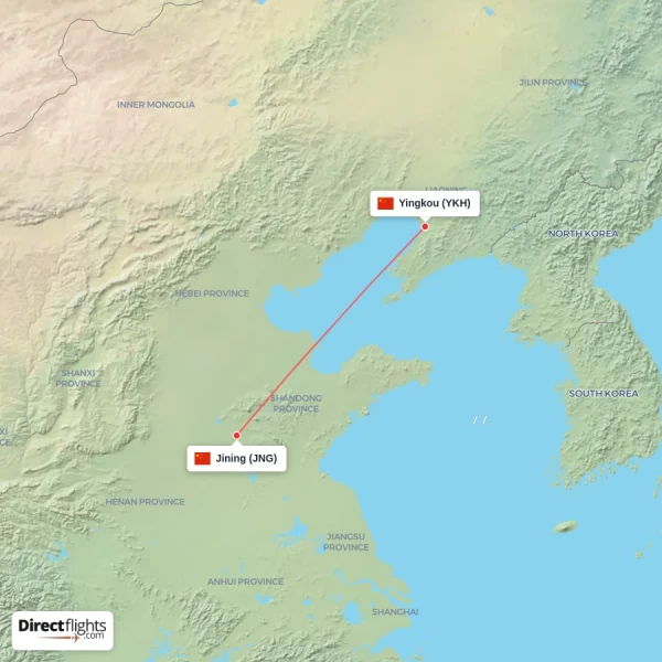 Yingkou - Jining direct flight map