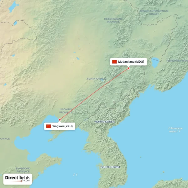 Yingkou - Mudanjiang direct flight map