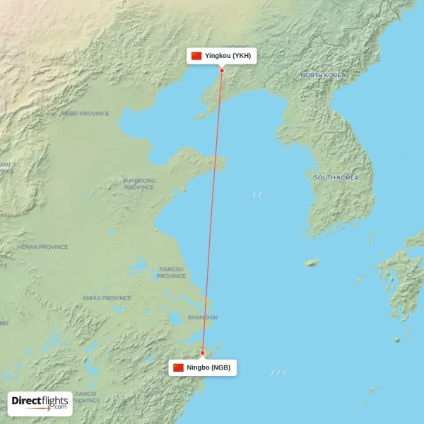 Yingkou - Ningbo direct flight map