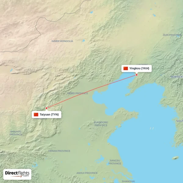 Yingkou - Taiyuan direct flight map