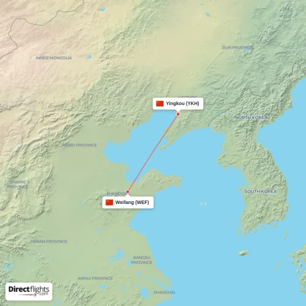 Yingkou - Weifang direct flight map