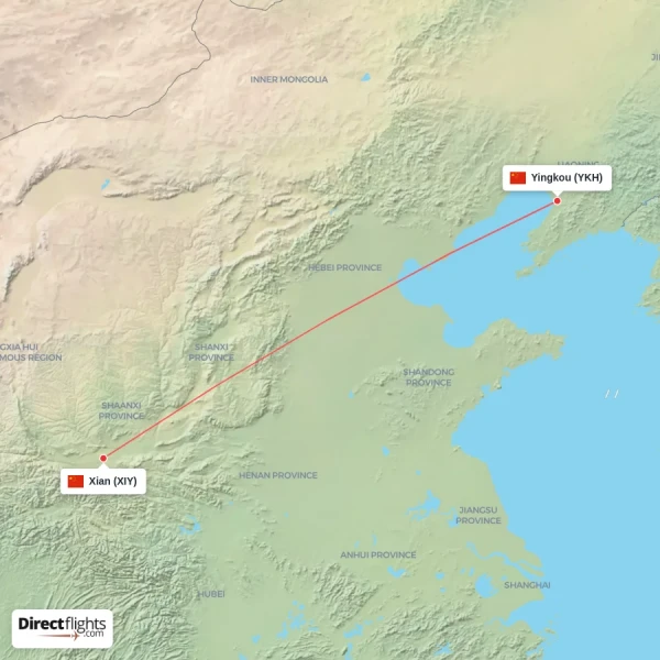 Yingkou - Xian direct flight map