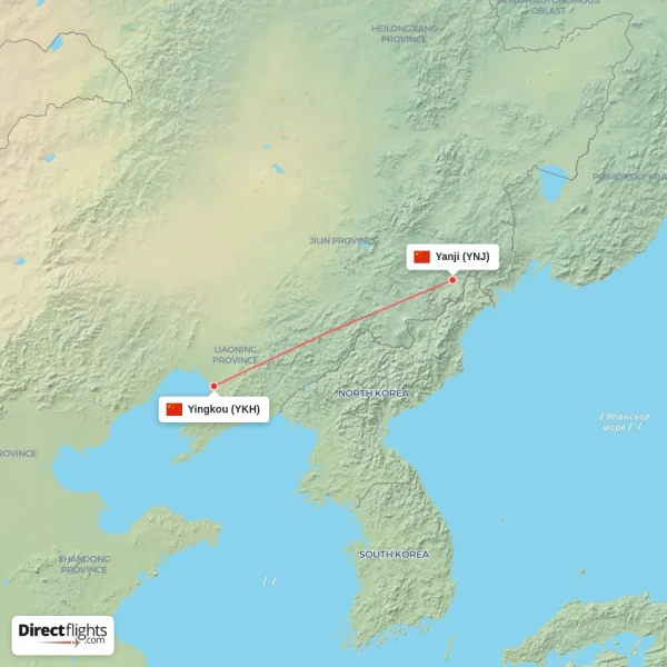 Yingkou - Yanji direct flight map