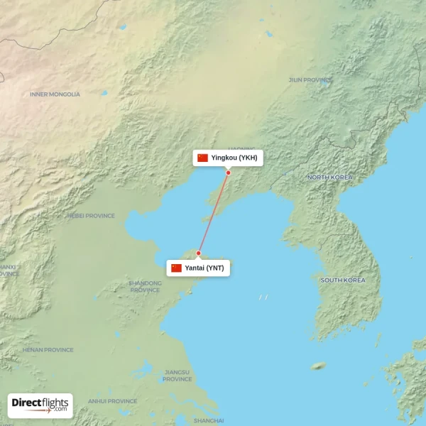 Yingkou - Yantai direct flight map