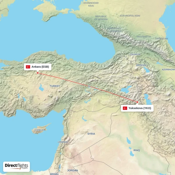 Yuksekova - Ankara direct flight map
