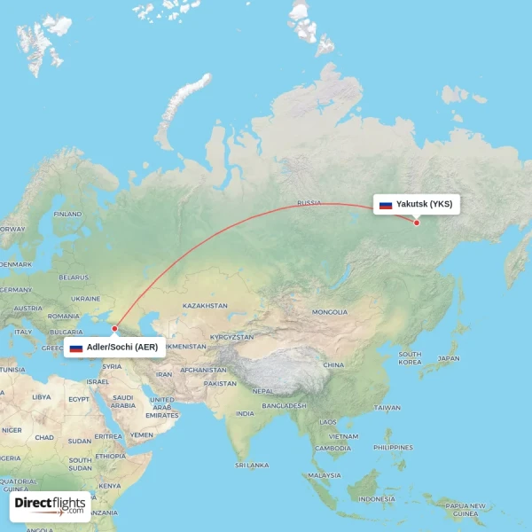 Yakutsk - Adler/Sochi direct flight map